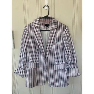 DKNY Womens Plaid Blazer Jacket‎ White Purple Red Size 10 Flared Cuff Single